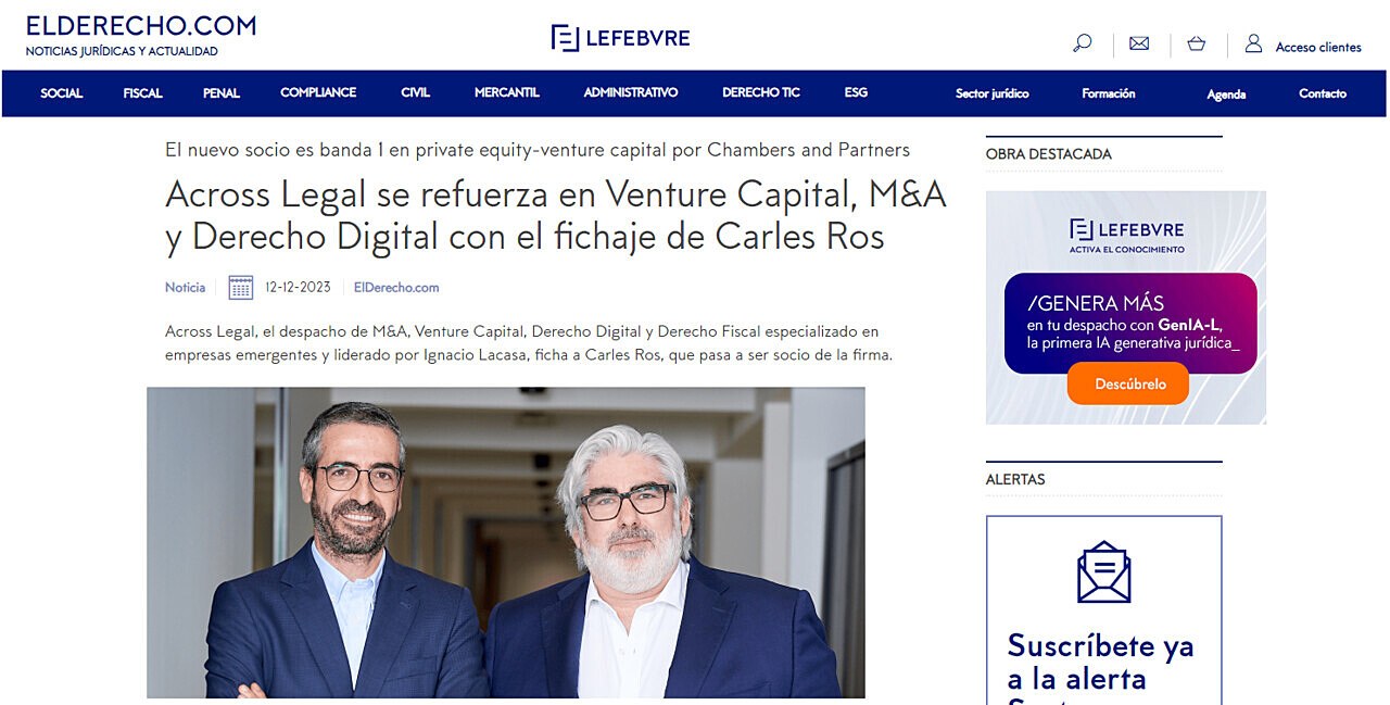 Across Legal se refuerza en Venture Capital, M&A y Derecho Digital con el fichaje de Carles Ros